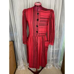 shirt dress red black striped pockets vintage 1980s pockets